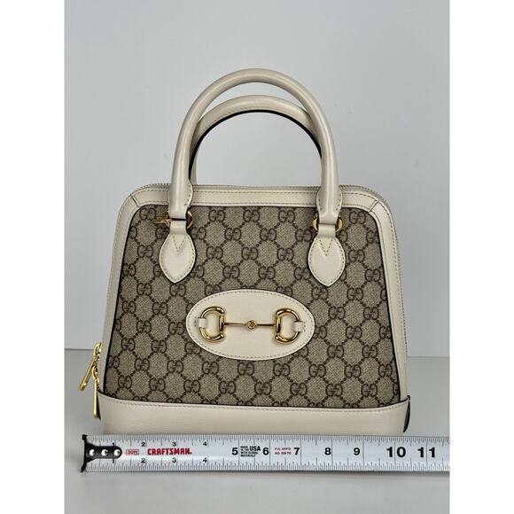 Gucci Horsebit 1955 Top Handle Bag in GG Canvas with White Leather Trim D-9 - Picture 15 of 16